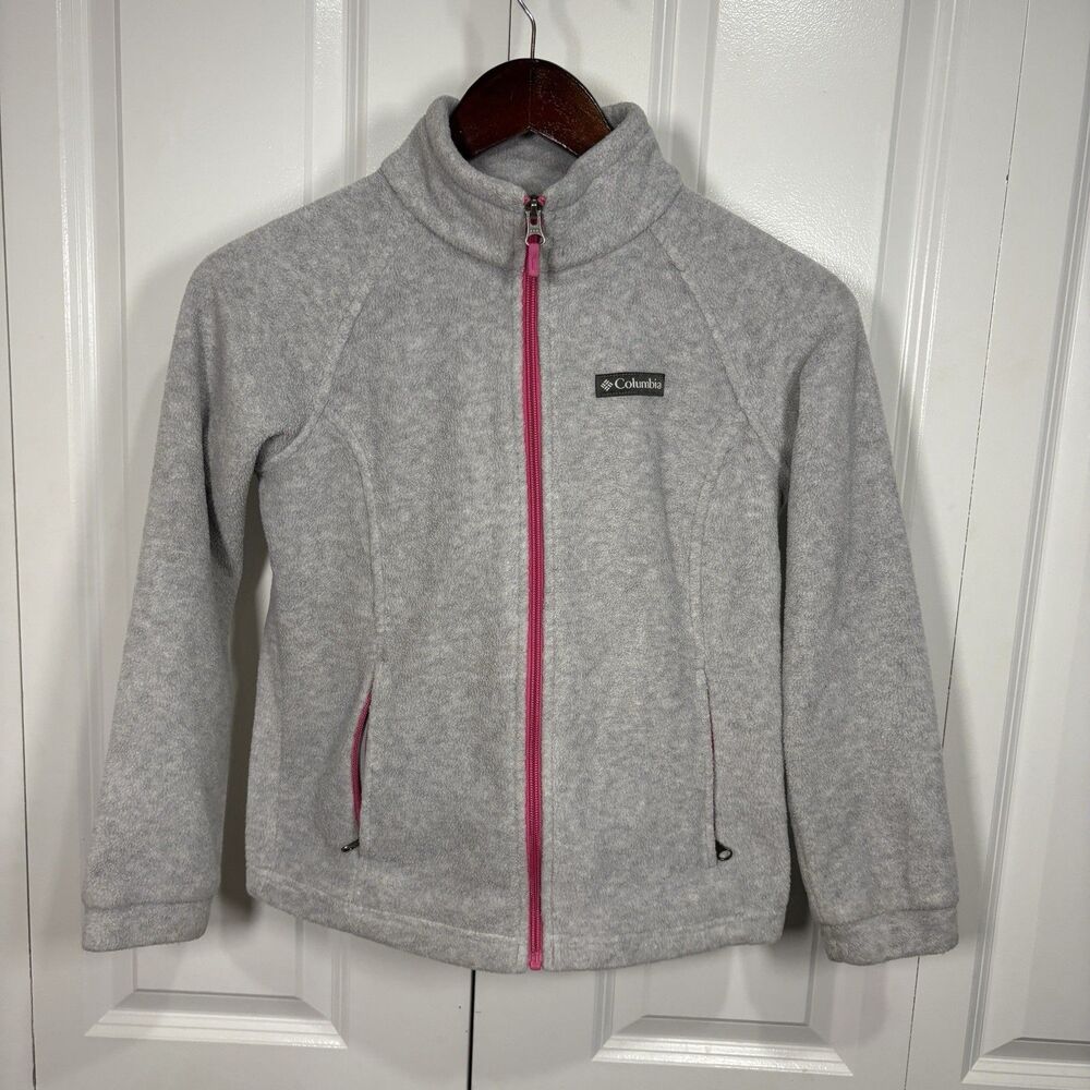 Columbia Women’s Fleece Jacket Medium Gray Full Zip Pink Trim Outdoor Hiking